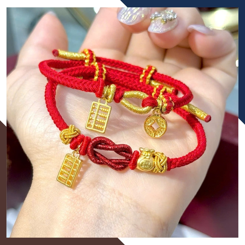Vòng Charm Vàng 24k 9999 Phối Dây Chỉ Đỏ Nhiều Mẫu Cho Nữ VCHV43