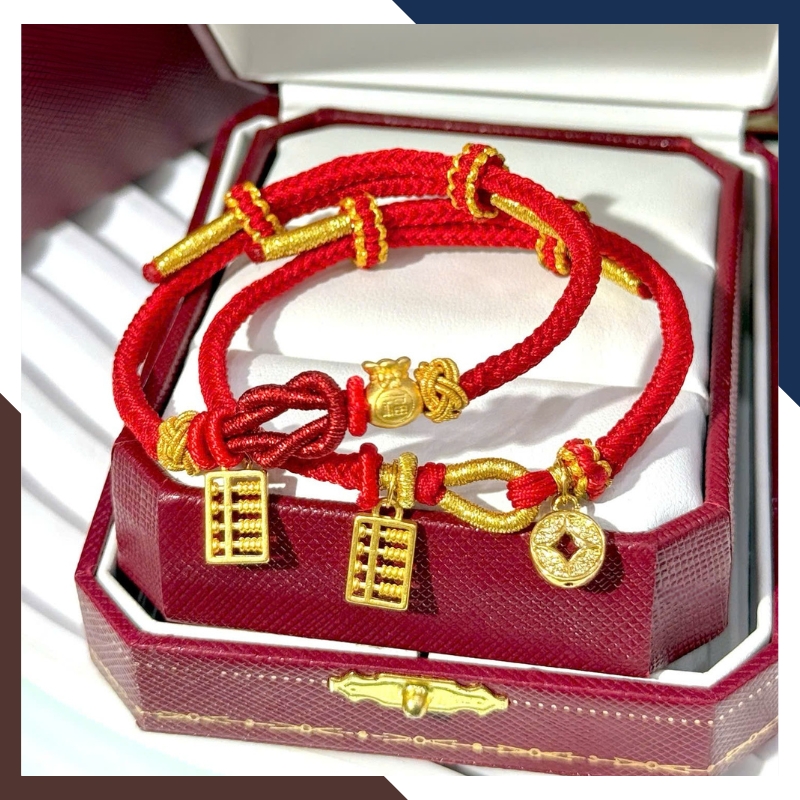 Vòng Charm Vàng 24k 9999 Phối Dây Chỉ Đỏ Nhiều Mẫu Cho Nữ VCHV43