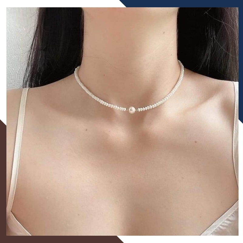 Vòng ngọc trai vàng 18k có mặt, vòng cổ ngọc trai nhỏ mặc áo dài cho nữ mã 56AC750