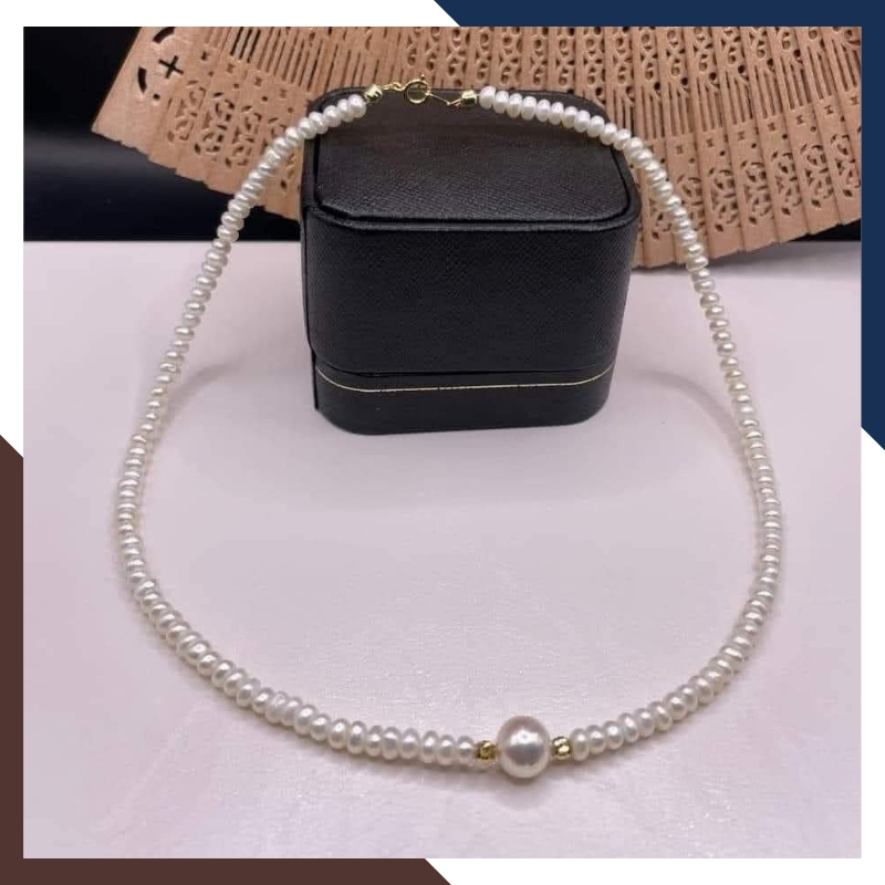 Vòng ngọc trai vàng 18k có mặt, vòng cổ ngọc trai nhỏ mặc áo dài cho nữ mã 56AC750