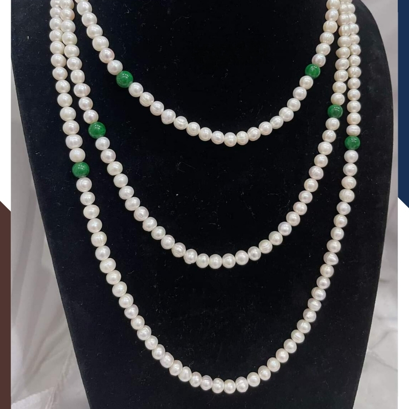 Vòng cổ ngọc trai 3 tầng mix đá xanh cho mẹ mặc áo dài sang trọng 78K25T250