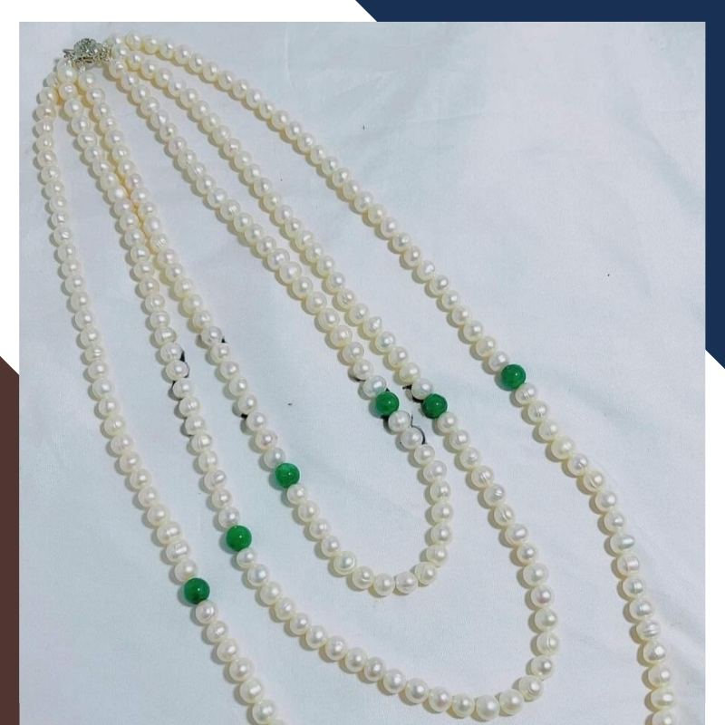 Vòng cổ ngọc trai 3 tầng mix đá xanh cho mẹ mặc áo dài sang trọng 78K25T250