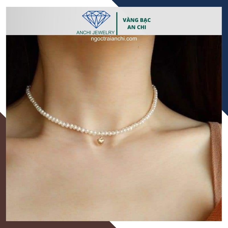 Vòng cổ choker ngọc trai nhỏ phối trái tim vàng 10k 56AC650