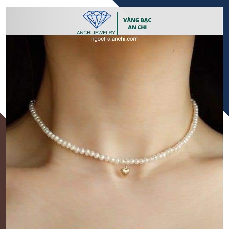 Vòng cổ choker ngọc trai nhỏ phối trái tim vàng 10k 56AC650