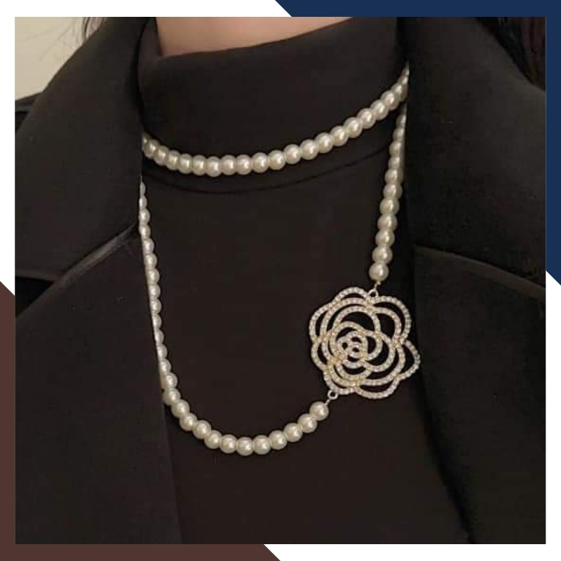 Vòng cổ ngọc trai dài 120cm khóa hoa hồng to, vòng ngọc trai mặc áo dài cho nữ mã 78AC850
