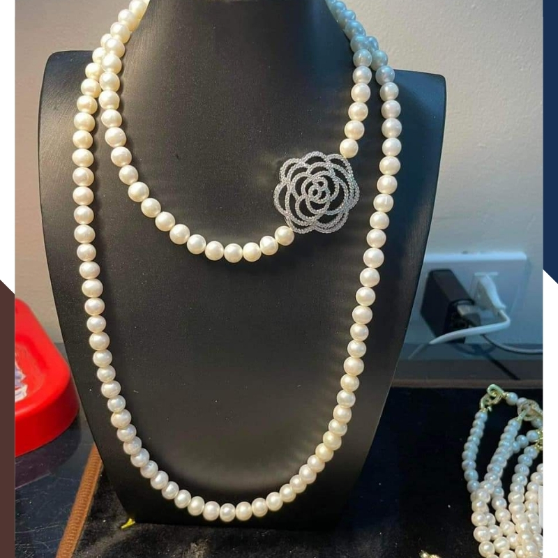 Vòng cổ ngọc trai dài 120cm khóa hoa hồng to, vòng ngọc trai mặc áo dài cho nữ mã 78AC850