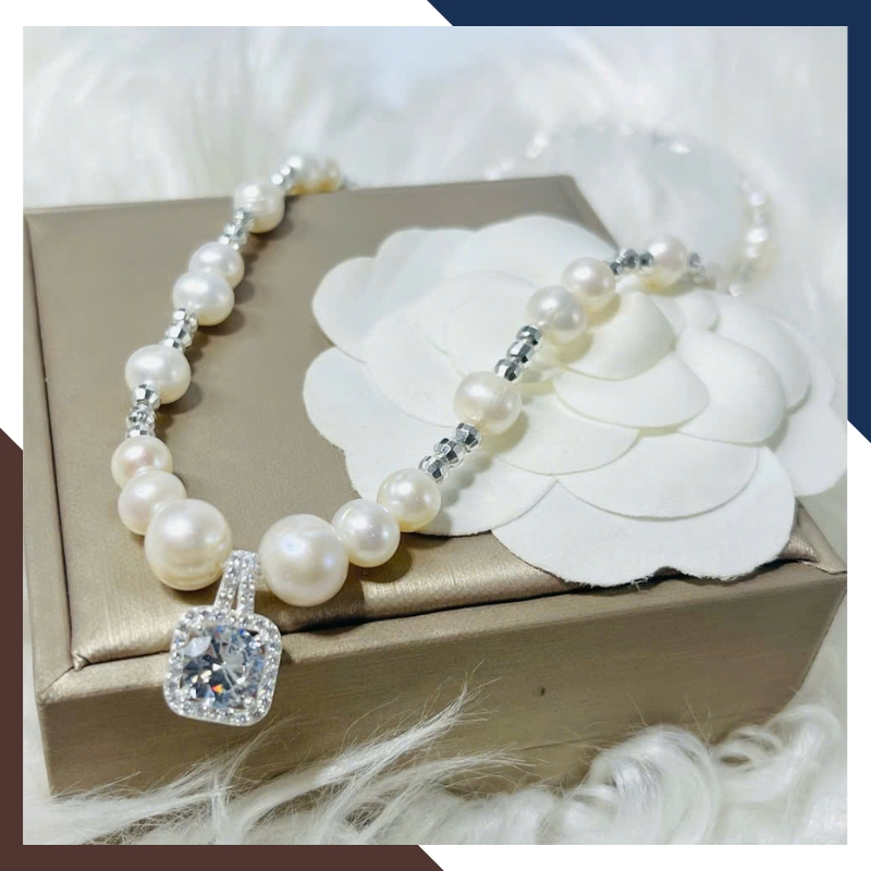 Vòng Cổ Ngọc Trai Nước Ngọt Có Mặt Phối Bi Bạc VCNT103