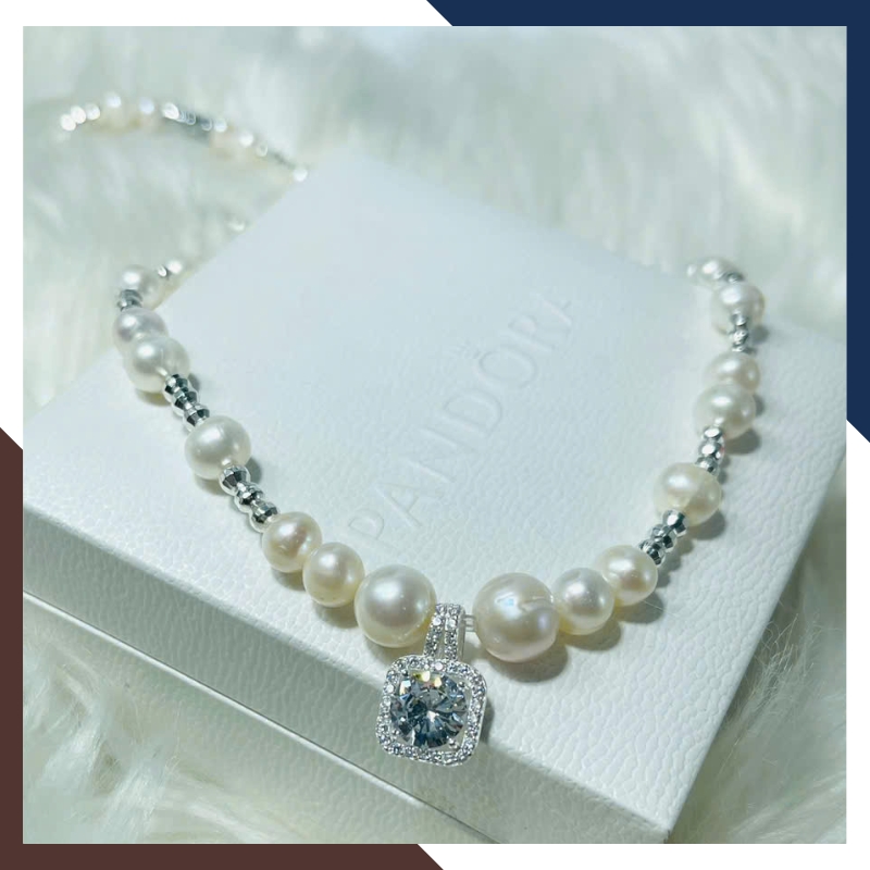 Vòng Cổ Ngọc Trai Nước Ngọt Có Mặt Phối Bi Bạc VCNT103