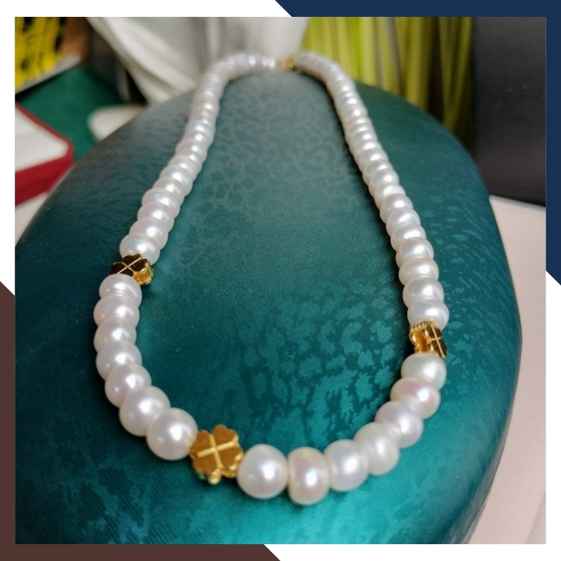 Vòng cổ ngọc trai nước ngọt phối cỏ 4 lá bạc mạ vàng 78AC293