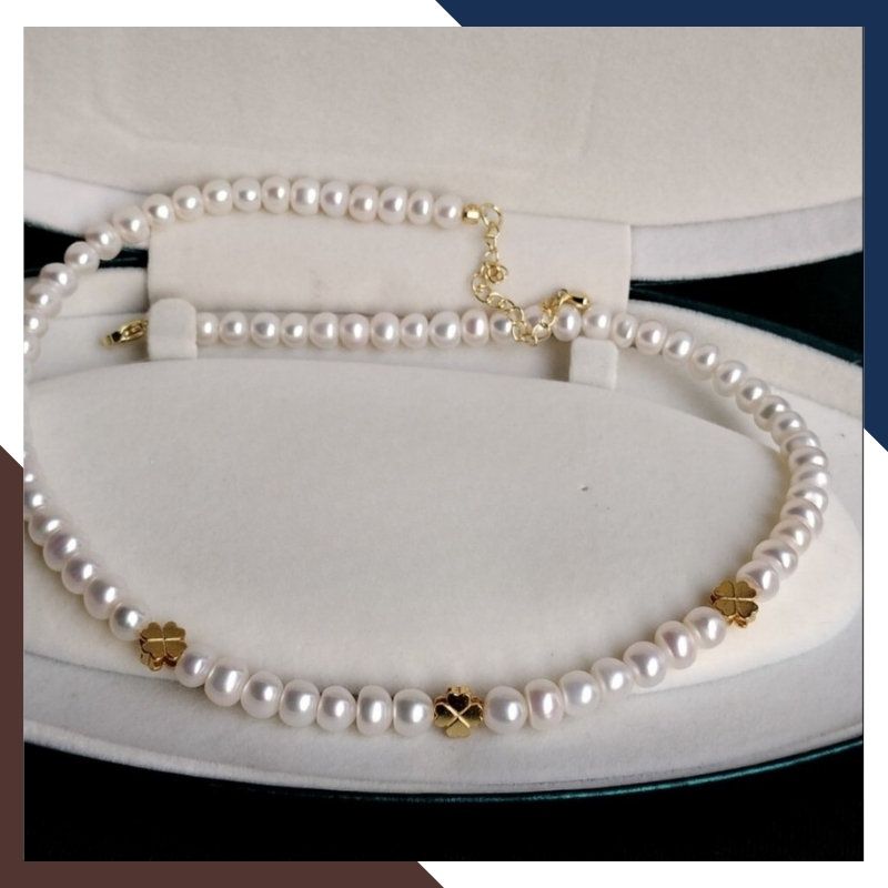 Vòng cổ ngọc trai nước ngọt phối cỏ 4 lá bạc mạ vàng 78AC293