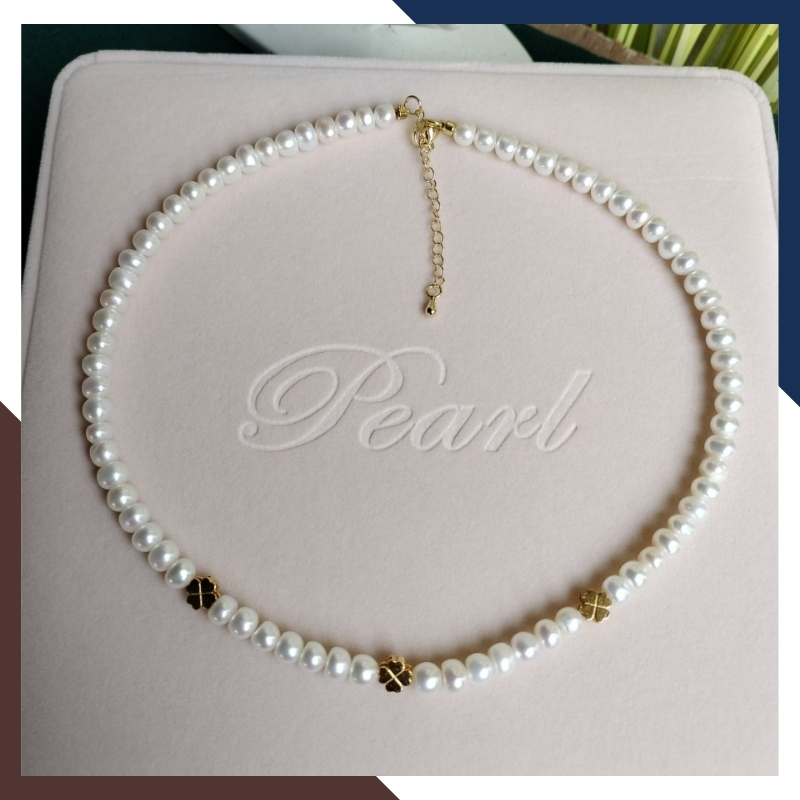 Vòng cổ ngọc trai nước ngọt phối cỏ 4 lá bạc mạ vàng 78AC293