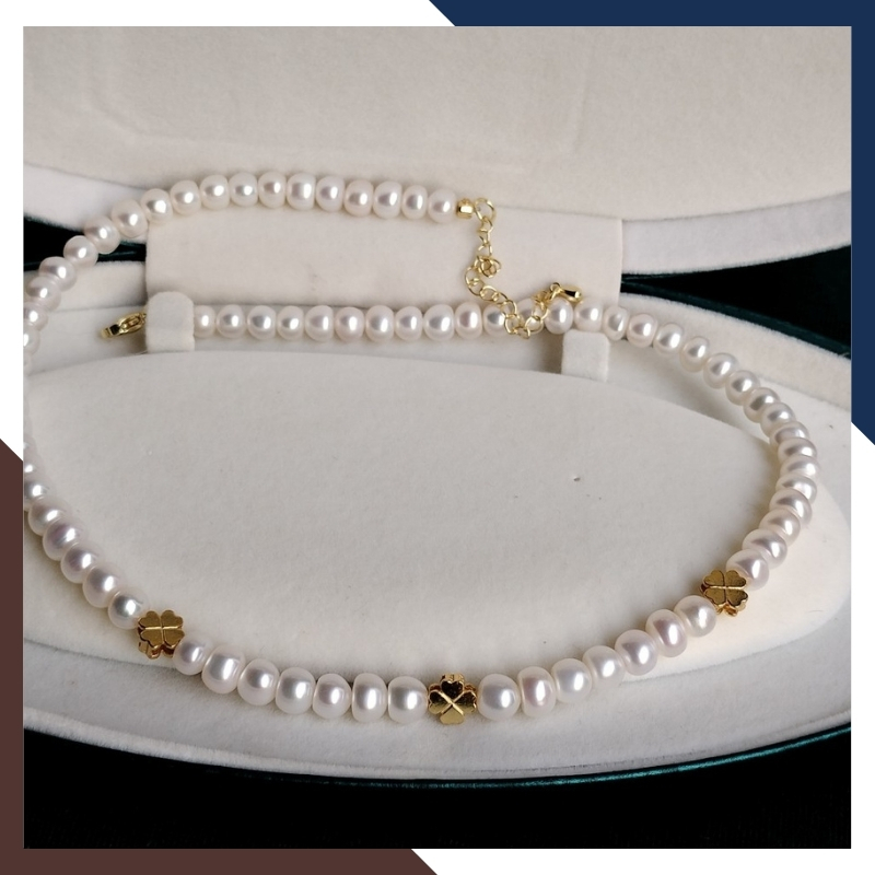 Vòng cổ ngọc trai nước ngọt phối cỏ 4 lá bạc mạ vàng 78AC293