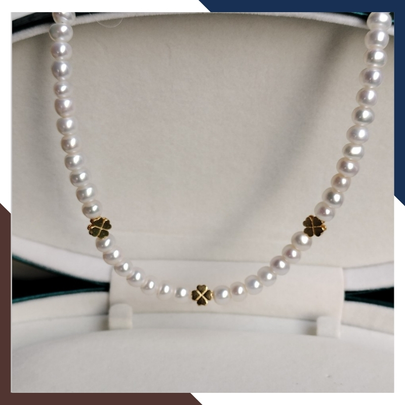 Vòng cổ ngọc trai nước ngọt phối cỏ 4 lá bạc mạ vàng 78AC293