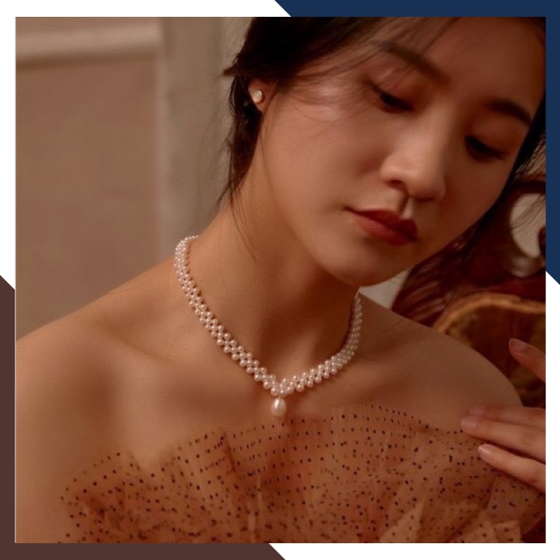 Vòng cổ choker ngọc trai nước ngọt đan hoa cao cấp mã 56B1355