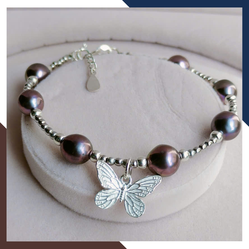 Vòng Tay Ngọc Trai Đen Ánh Tím Phối Bi & Bướm Bạc VTNT32 – Vẻ Đẹp Huyền Bí, Lôi Cuốn