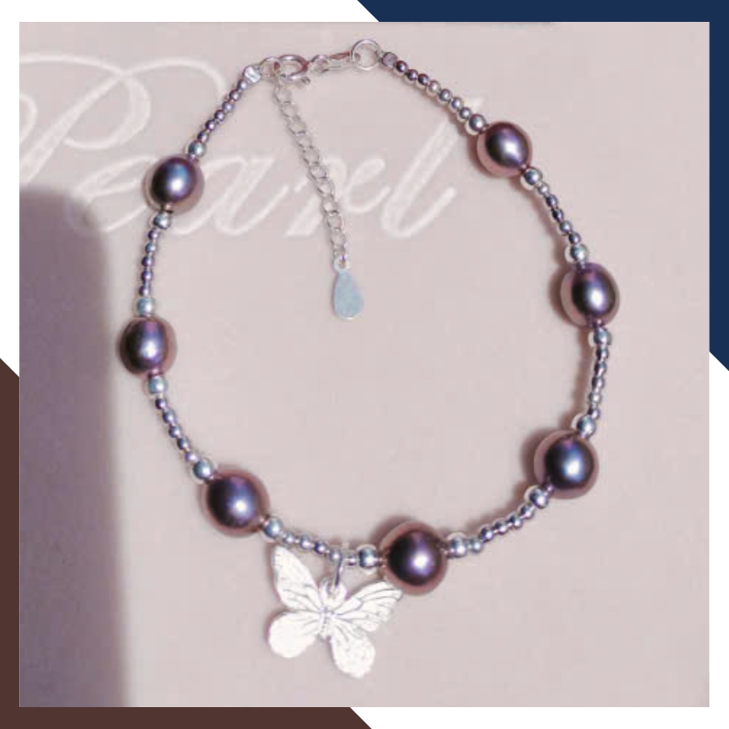 Vòng Tay Ngọc Trai Đen Ánh Tím Phối Bi & Bướm Bạc VTNT32 – Vẻ Đẹp Huyền Bí, Lôi Cuốn