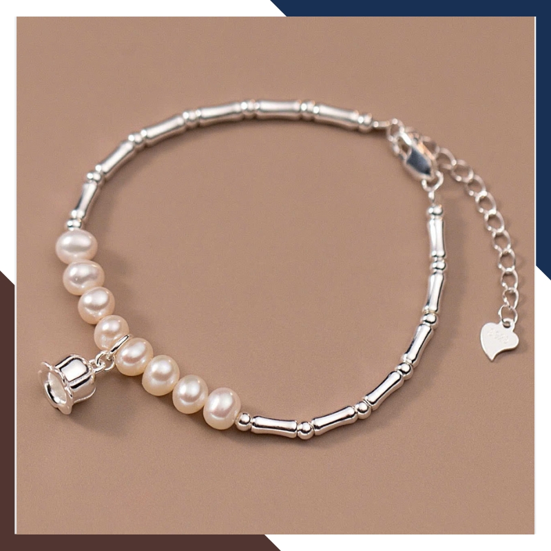 Vòng Tay Ngọc Trai Hoa Linh Lan Phối Đốt Trúc Bạc VTNT48