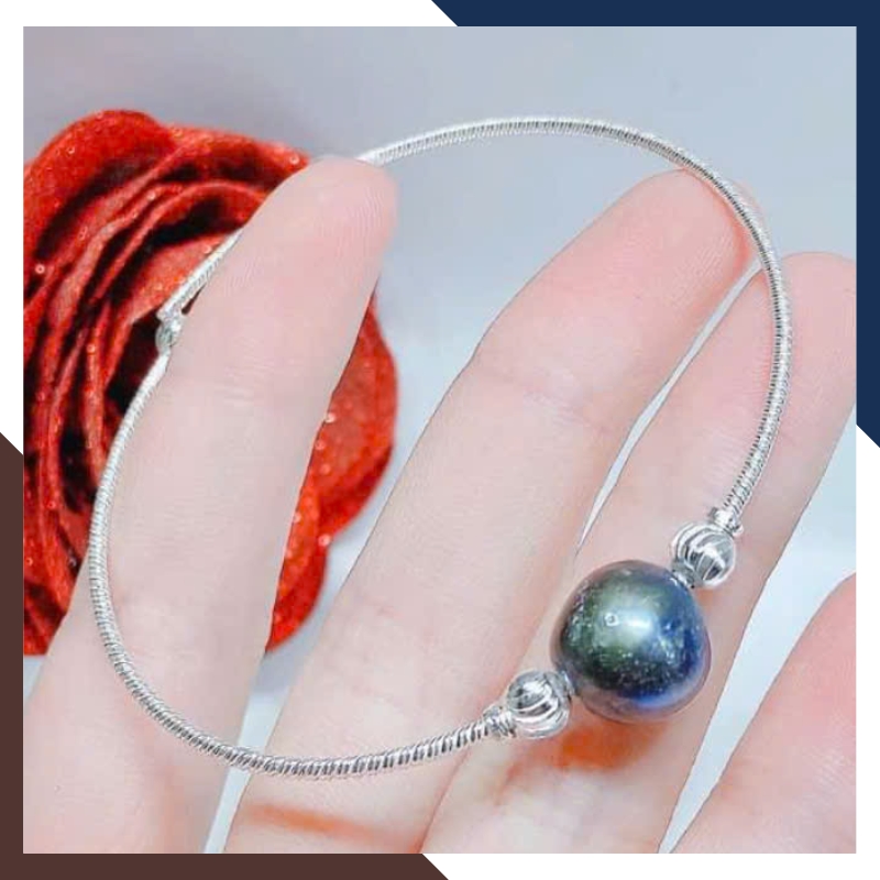 Vòng Tay Ngọc Trai Đen, Trắng, Hồng Kiểu Kiềng Bạc Sang Trọng VTNT29