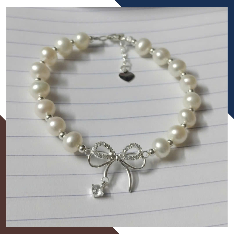 Vòng Tay Ngọc Trai Thật Phối Nơ Bạc VTNT35 - Biểu Tượng Của Duyên Dáng & Nữ Tính