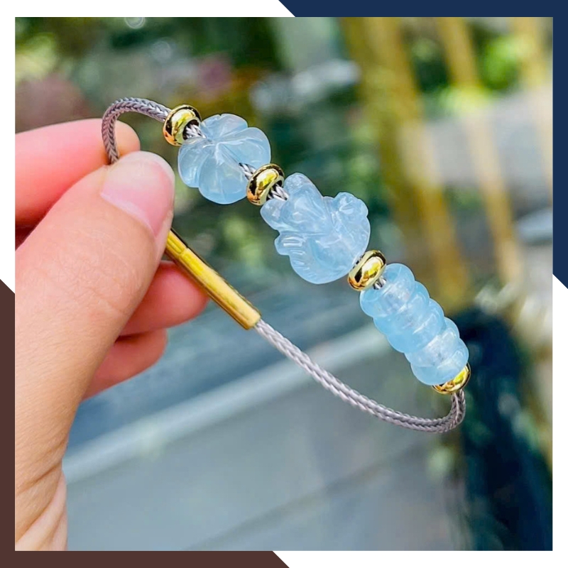 Vòng Tay Tam Lộc Aquamarine Gồm Hồ Ly, Ngũ Điếu & Cỏ 4 Lá VTDPT21
