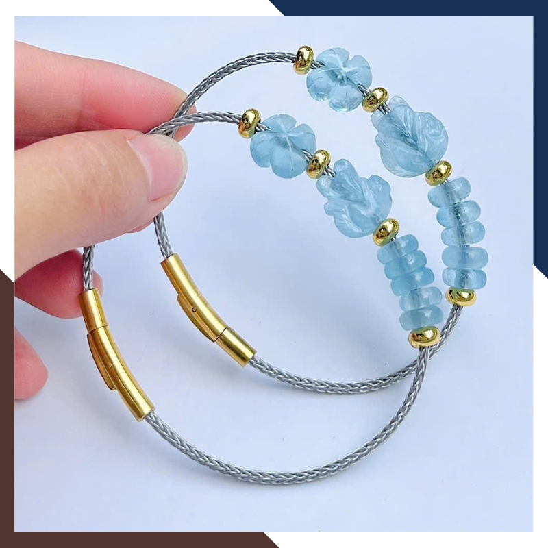 Vòng Tay Tam Lộc Aquamarine Gồm Hồ Ly, Ngũ Điếu & Cỏ 4 Lá VTDPT21