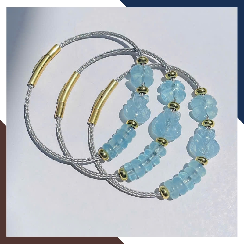 Vòng Tay Tam Lộc Aquamarine Gồm Hồ Ly, Ngũ Điếu & Cỏ 4 Lá VTDPT21