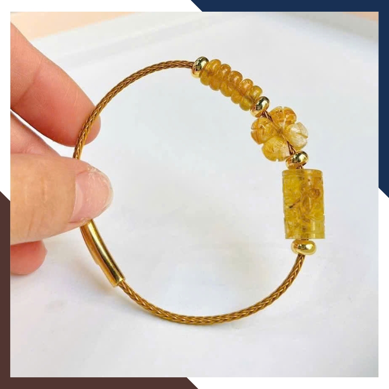 Vòng Tay Tam Lộc Gồm Cỏ 4 Lá, Lu Thống & Ngũ Điếu Đá Thạch Anh Tóc Vàng VTDPT31