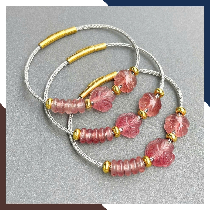 Vòng Tay Tam Lộc Thạch Anh Dâu Tây Hồng Gồm Hồ Ly, Ngũ Điếu & Cỏ 4 Lá VTDPT22