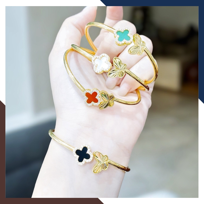 Vòng Tay Vàng Cỏ 4 Lá Đính Đá Mã Não Tự Nhiên Cho Nữ LTVN177 | Vàng Tây 10k