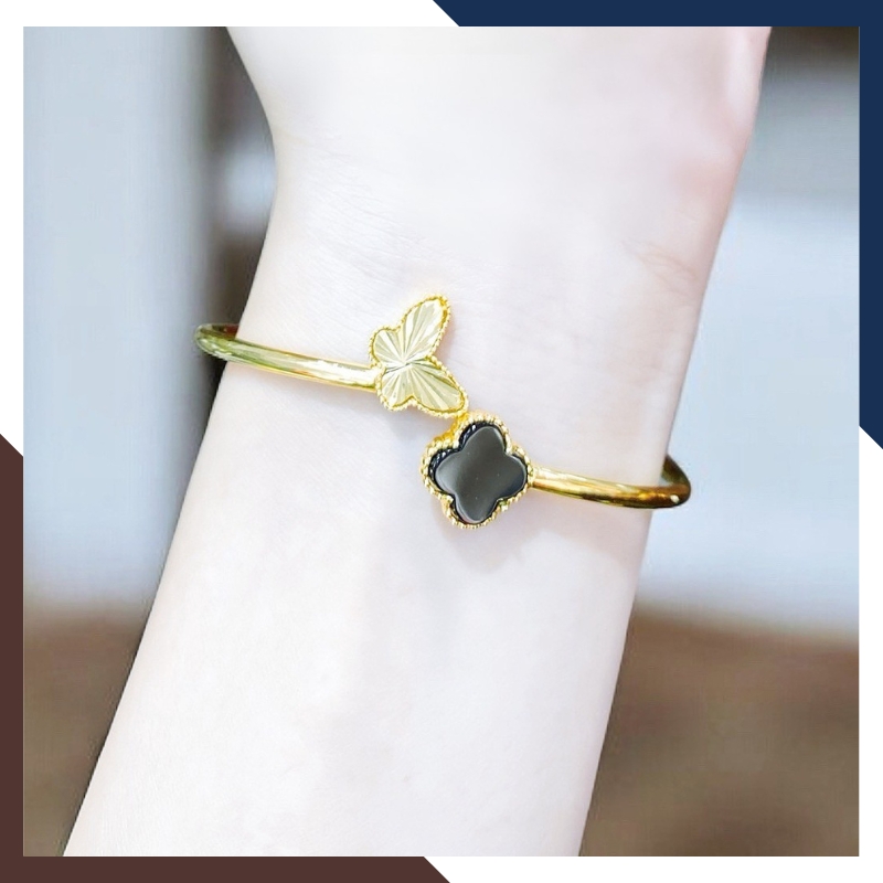 Vòng Tay Vàng Cỏ 4 Lá Đính Đá Mã Não Tự Nhiên Cho Nữ LTVN177 | Vàng Tây 10k