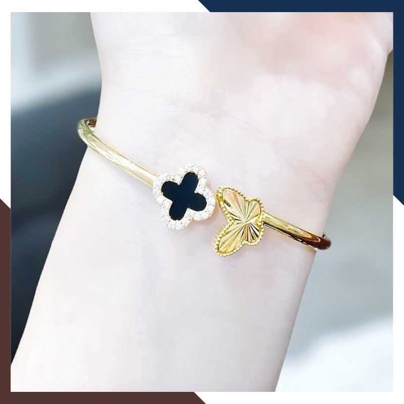 Vòng Tay Vàng Cỏ 4 Lá Đính Đá Mã Não Tự Nhiên Cho Nữ LTVN177 | Vàng Tây 10k