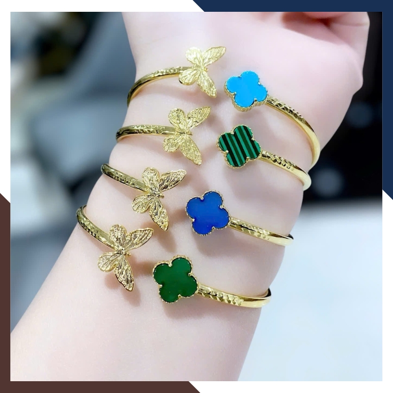 Vòng Tay Vàng Cỏ 4 Lá Đính Đá Mã Não Tự Nhiên Cho Nữ LTVN177 | Vàng Tây 10k