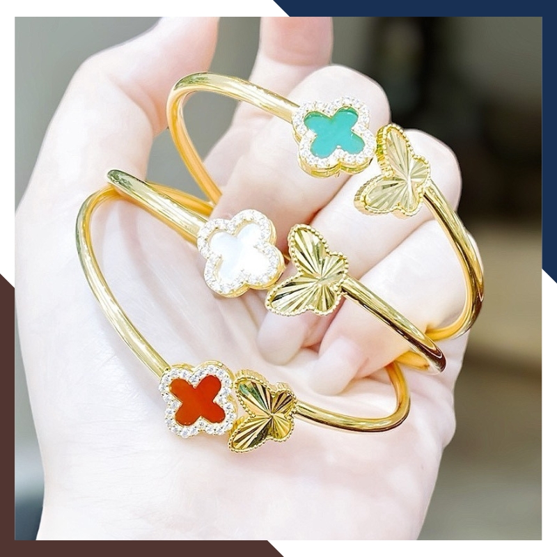 Vòng Tay Vàng Cỏ 4 Lá Đính Đá Mã Não Tự Nhiên Cho Nữ LTVN177 | Vàng Tây 10k