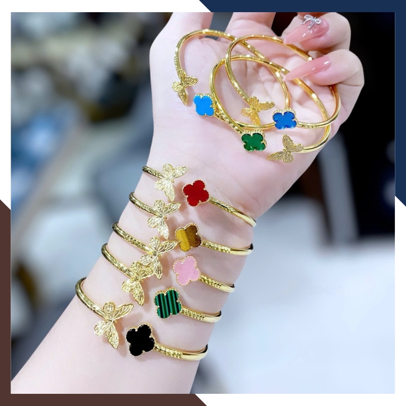 Vòng Tay Vàng Cỏ 4 Lá Đính Đá Mã Não Tự Nhiên Cho Nữ LTVN177 | Vàng Tây 10k