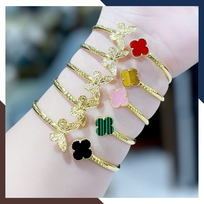 Vòng Tay Vàng Cỏ 4 Lá Đính Đá Mã Não Tự Nhiên Cho Nữ LTVN177 | Vàng Tây 10k