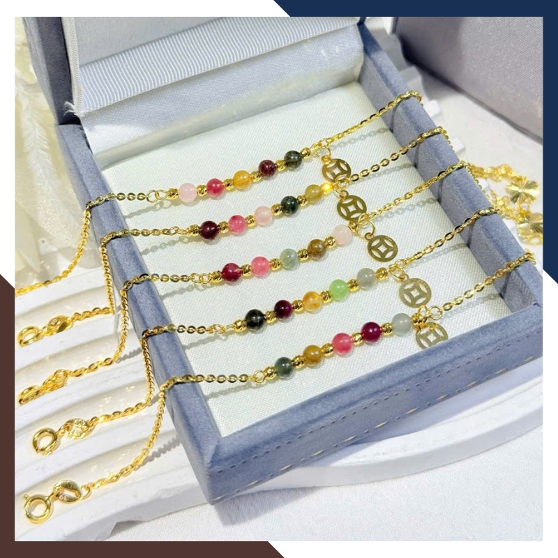 Vòng Tay Vàng Nữ Phối Đá Phong Thuỷ Hợp Mệnh Kim, Mộc, Thuỷ, Hoả, Thổ Mã LTVN95