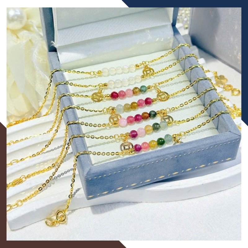 Vòng Tay Vàng Nữ Phối Đá Phong Thuỷ Hợp Mệnh Kim, Mộc, Thuỷ, Hoả, Thổ Mã LTVN95