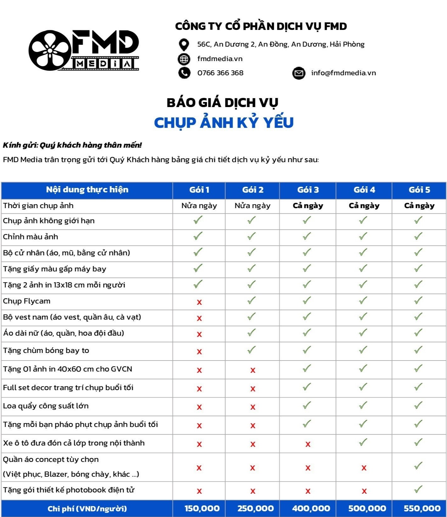 Bảng giá dịch vụ Quay chụp kỷ yếu của FMD Media