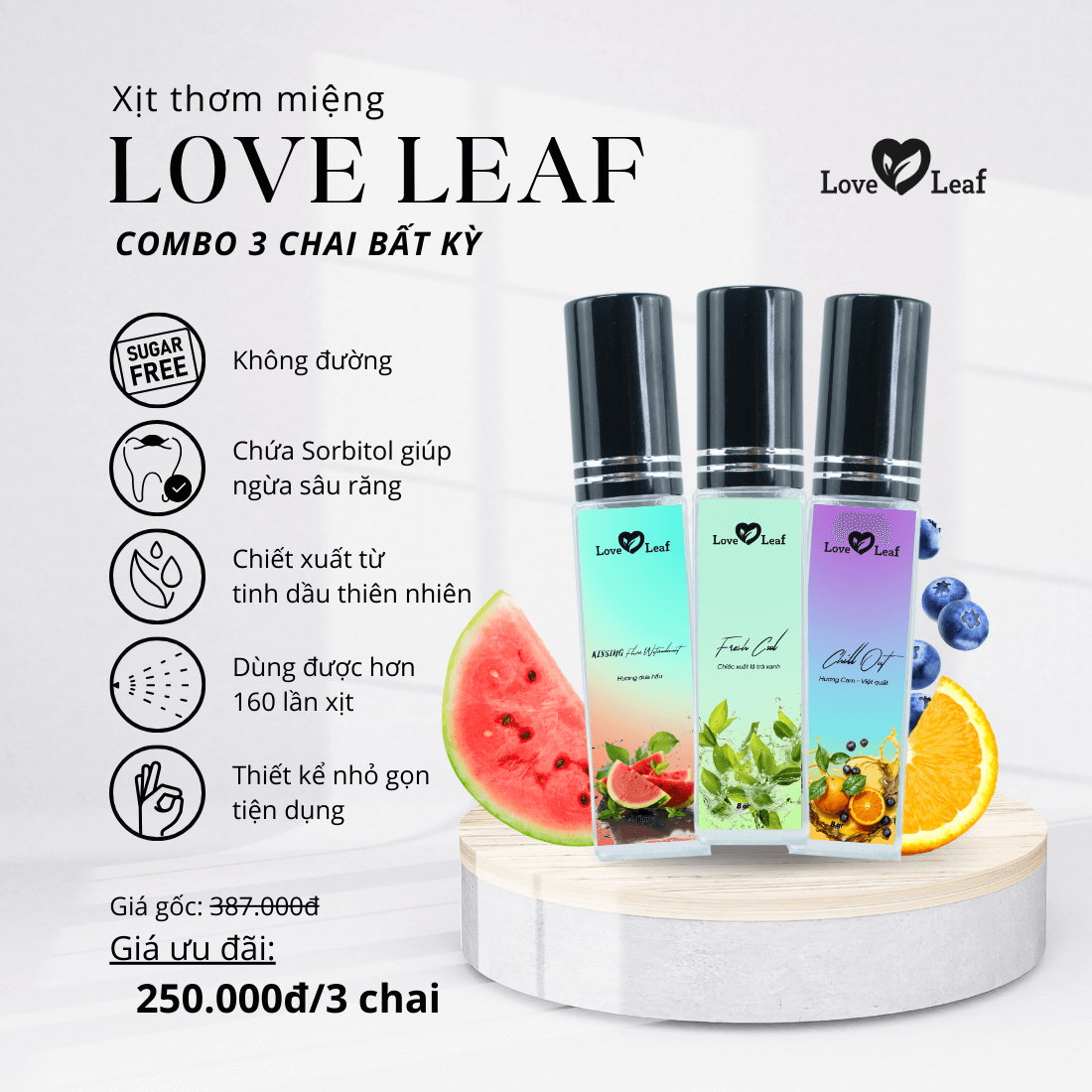 Combo 3 Chai Xịt Thơm Miệng Love Leaf Hỗ Trợ Khử Mùi, Thơm Mát Khoang Miệng, Chai 8gr
