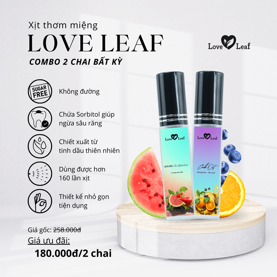Combo 2 Chai Xịt Thơm Miệng Love Leaf Hỗ Trợ Khử Mùi, Thơm Mát Khoang Miệng, Chai 8gr