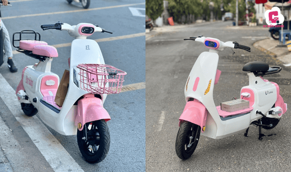 Mẫu xe đạp điện màu trắng Hottrend V1 Lihaze được phủ lớp sơn màu hồng ngọt ngào