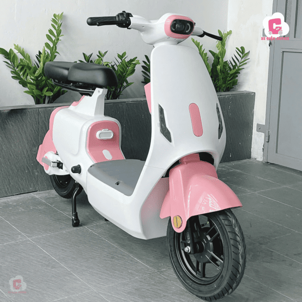 Mẫu xe đạp điện nữ V1 phiên bản trắng hồng