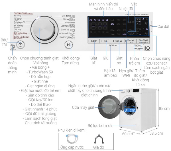 Thông số máy giặt LG 11kg cửa ngang Inverter FV1411S4WA