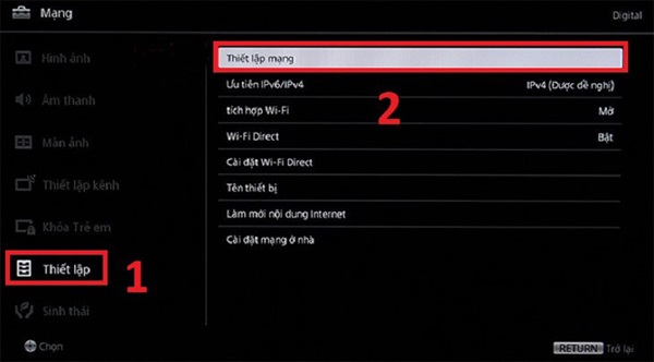 Chọn vào phần thiết lập của Tivi Sony