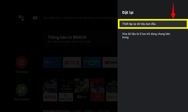 Chọn vào mục thiết lập lại dữ liệu ban đầu