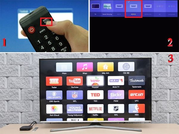hấn nút Source hoặc Input, hoặc biểu tượng mũi tên, sau đó chọn HDMI
