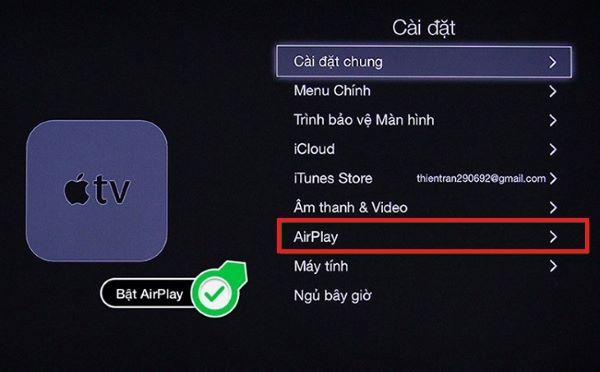 chọn AirPlay => chọn Bật.