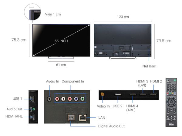Tìm hiểu kích thước tivi Sony 55 inch
