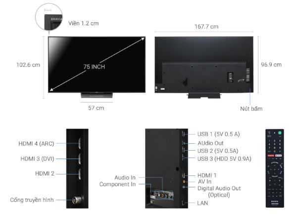 Tìm hiểu kích thước tivi Sony 75 inch