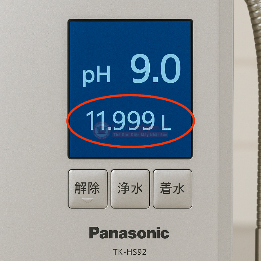 Bảng điều khiển Panasonic TK-HS92 hiển thị pH 9.0 và 11.999 lít còn lại